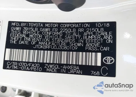 2018 Toyota Prius One z USA, uszkodzony, nr VIN JTDKBRFU0J3080109